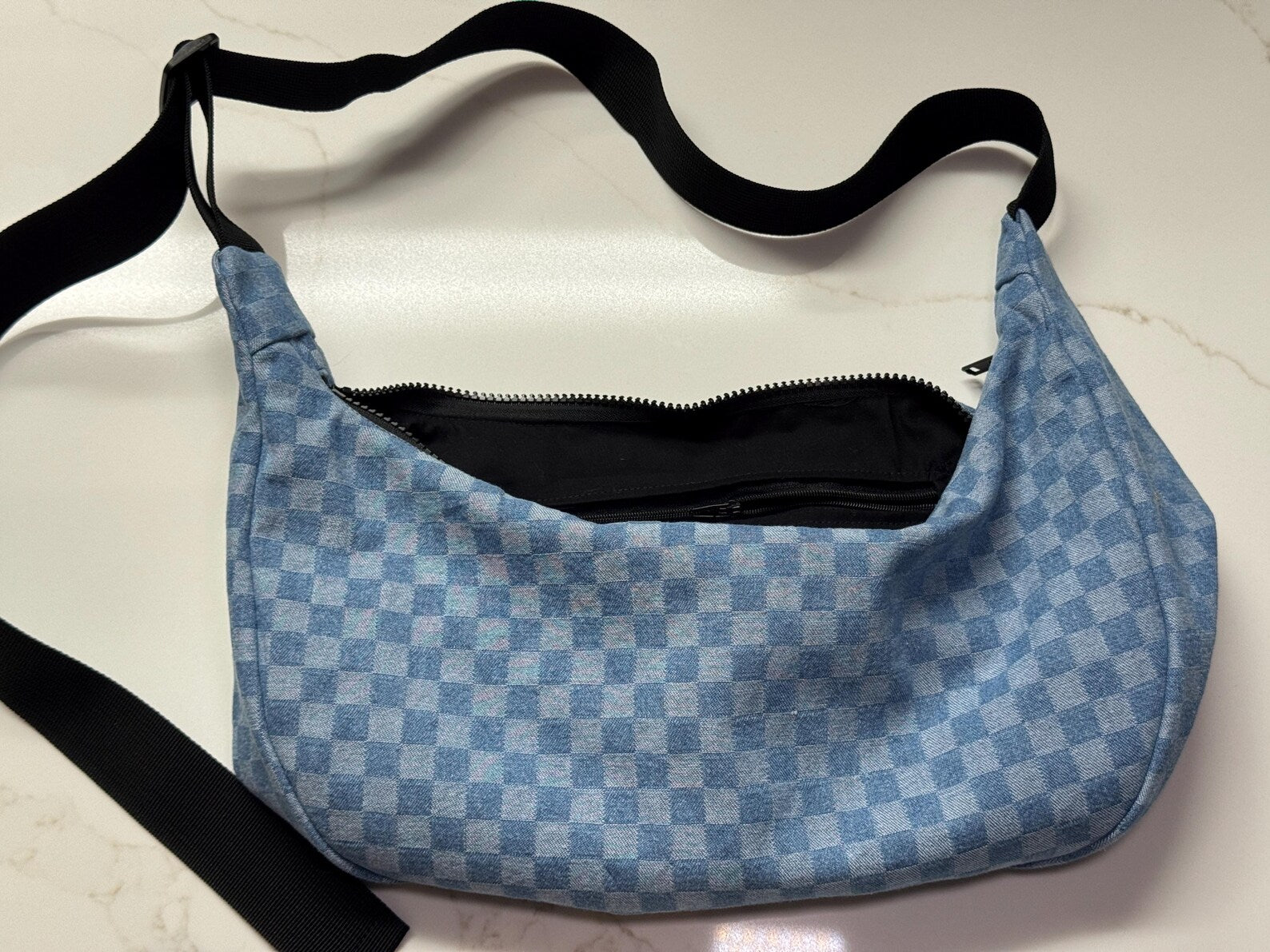 Checkered Denim Crescent Moon Bag