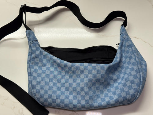 Checkered Denim Crescent Moon Bag