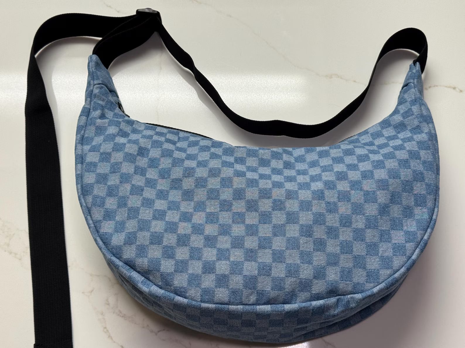 Checkered Denim Crescent Moon Bag